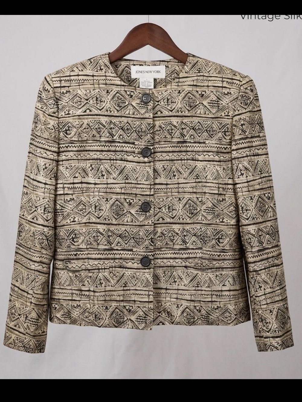Vintage Jones New York 100% Silk Geometric Blazer Jacket Size 8 Neutral Boho